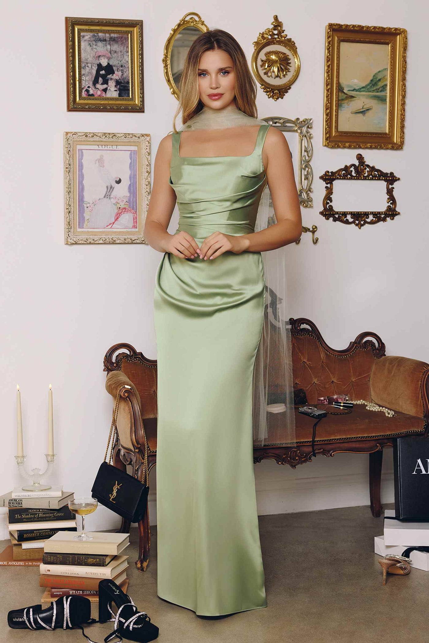 CLEARANCE - Amoris T729 Sleek Satin Adjustable Straps Fitted Gown (Size M) - Glamourous Grace