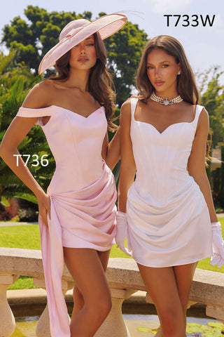 Amoris T736 Fitted Off the Shoulder Satin Mini Dress - Glamourous Grace
