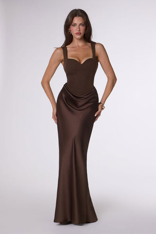 Amoris T742 Timeless Fitted Satin Formal Gown Crepe Bodice