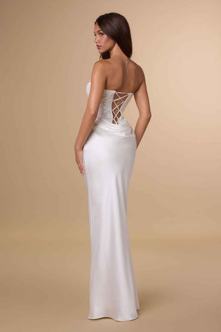 Amoris T744W Strapless Sequin Bodice Satin Skirt Off White Formal Dress