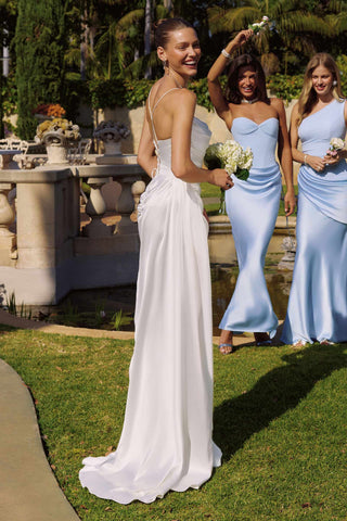 Amoris T826W Long Fitted Off White Satin Gown Draped Cowl Neckline