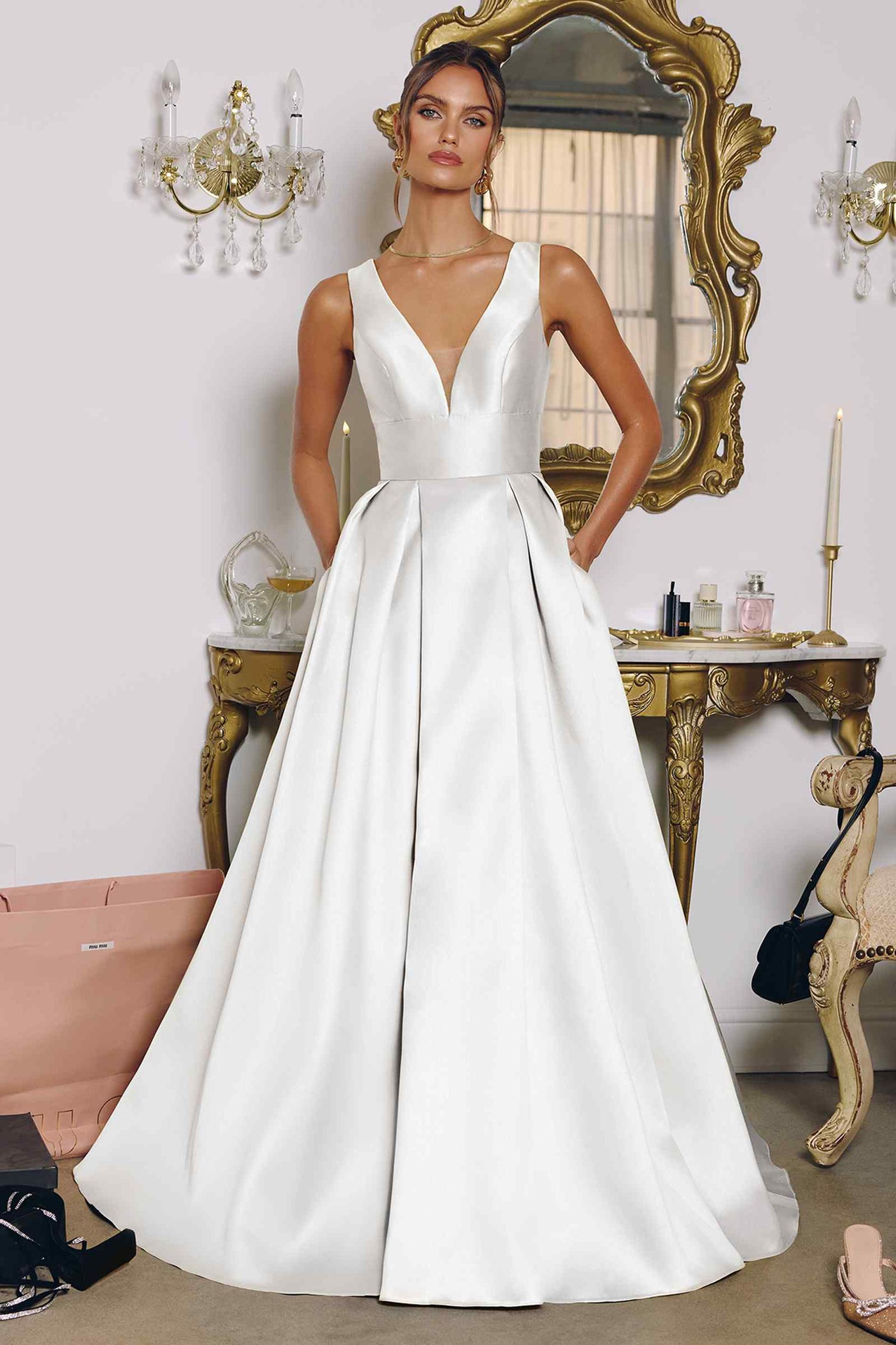 Amoris T814W V-Neckline Satin A-Line Mikado Bridal Gown - Glamourous Grace