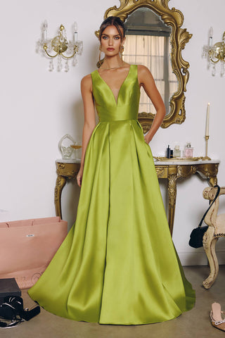 Amoris T814 Long V-Neckline A-Line Satin Dress with Pockets