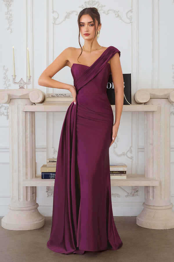 Amoris T817 Long One Shoulder Fitted Evening Dress Side Sash - Glamourous Grace