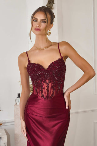 CLEARANCE - Amoris T819 Sleek Fitted Stretch Satin Burgundy Mermaid Gown (Size XS) - Glamourous Grace