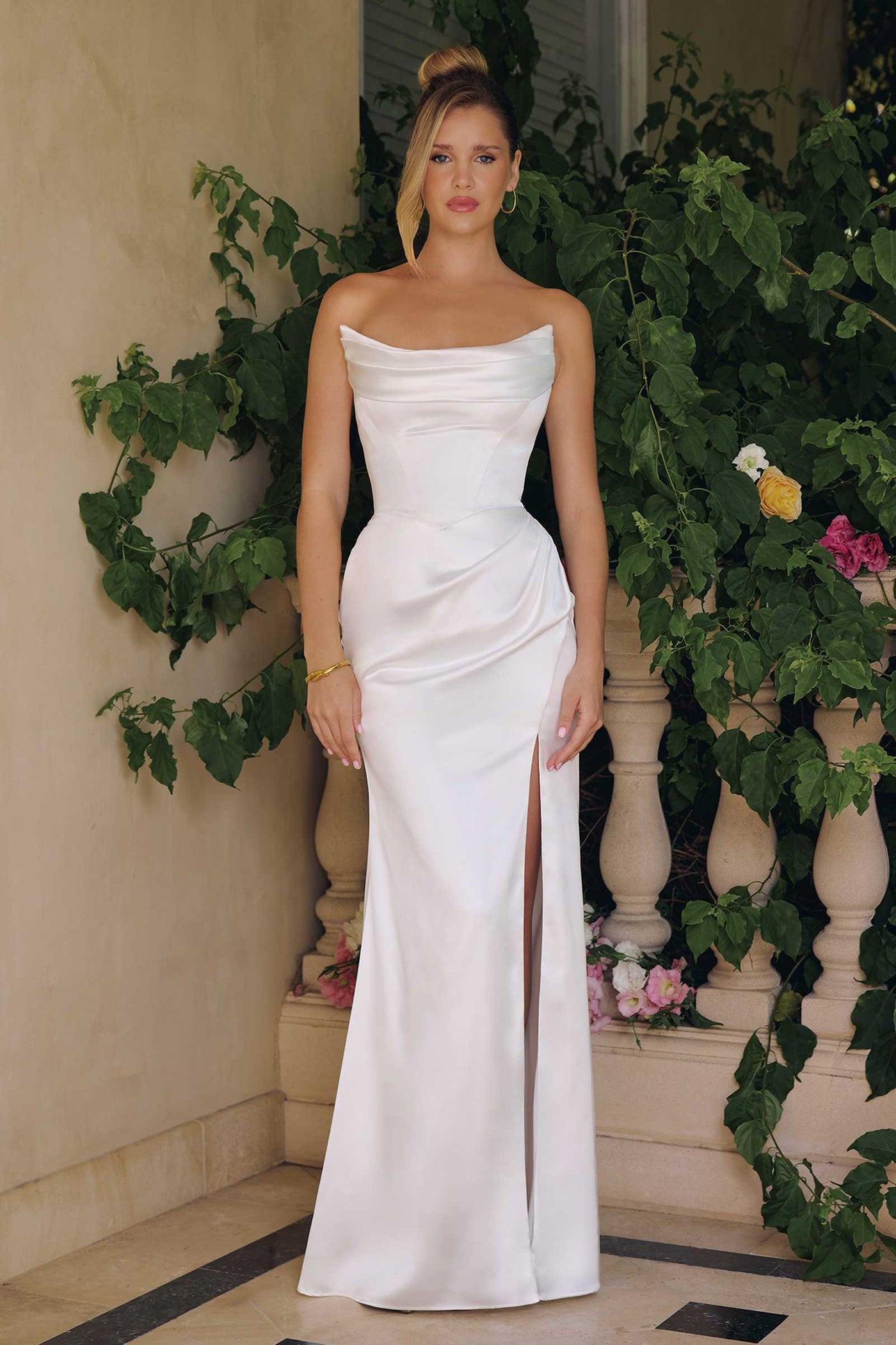Amoris T820W Removable Strap Stretch Satin Floor Length Modern Bridal Gown - Glamourous Grace