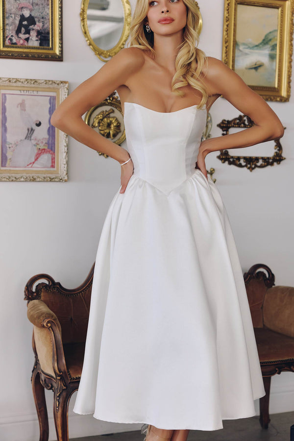 Amoris T822W Elegant Mikado Midi Strapless Wedding Reception Gown - Glamourous Grace