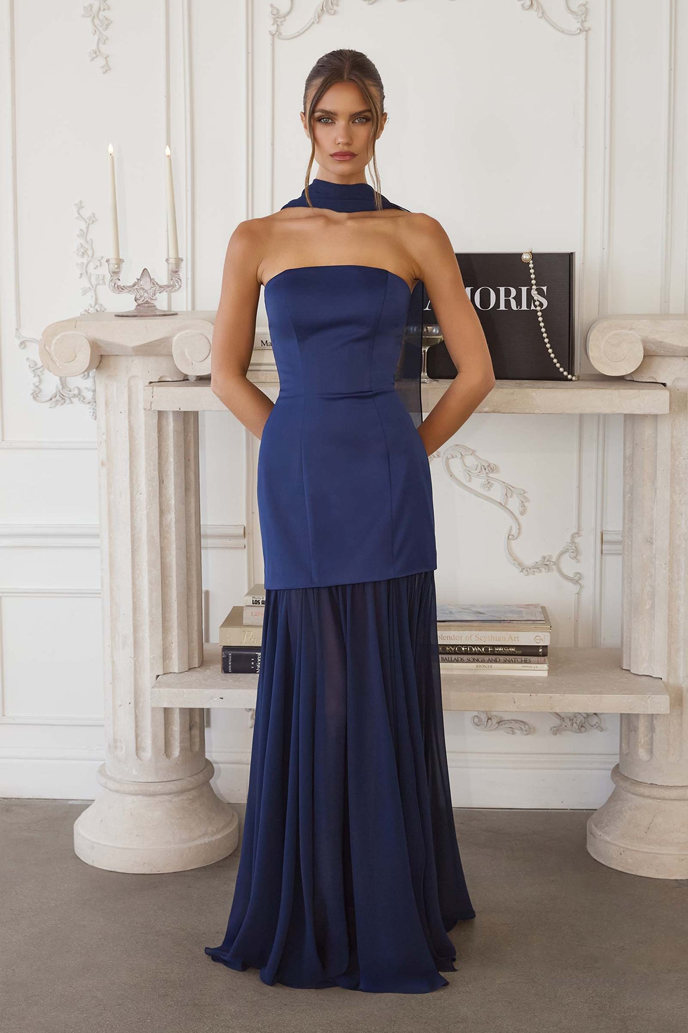 Amoris T825 Strapless Satin Bodice Pleated Chiffon Skirt Fitted Dress - Glamourous Grace