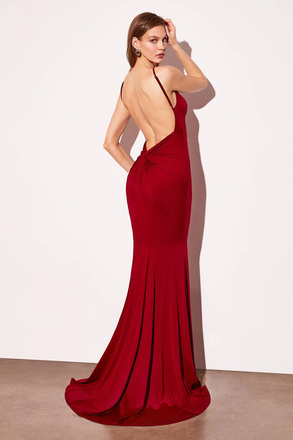 Astee T905 Long V-Neckline Open Back Fitted Evening Gown - Glamourous Grace