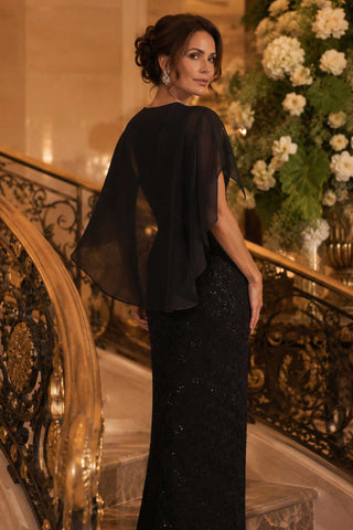 Amoris T906 Sequin Lace Gown Detachable Sheer Cape Overlay - Glamourous Grace