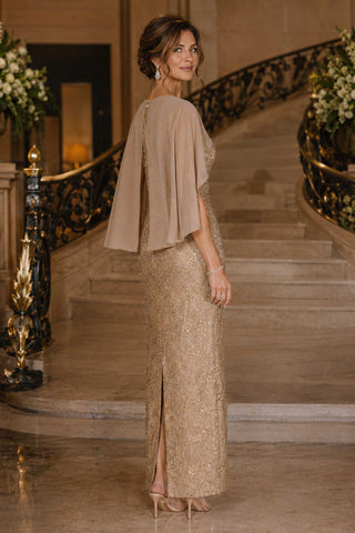 Amoris T906 Sequin Lace Gown Detachable Sheer Cape Overlay - Glamourous Grace