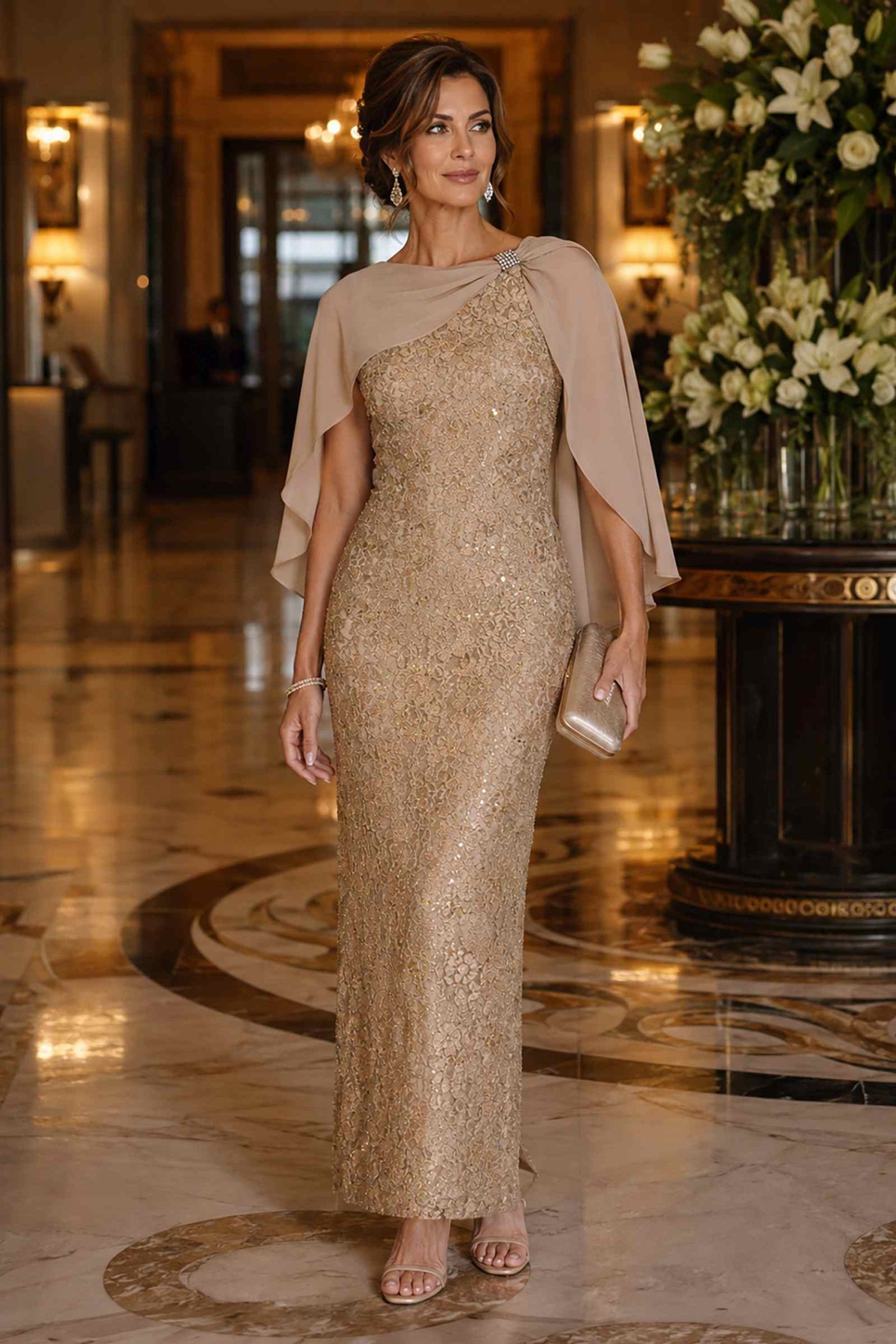 Amoris T906 Sequin Lace Gown Detachable Sheer Cape Overlay - Glamourous Grace