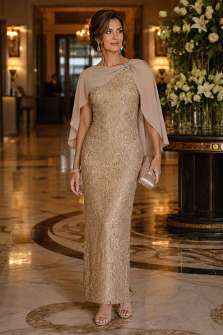 Amoris T906 Sequin Lace Gown Detachable Sheer Cape Overlay - Glamourous Grace