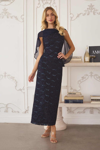 Amoris T906 Sequin Lace Gown Detachable Sheer Cape Overlay - Glamourous Grace