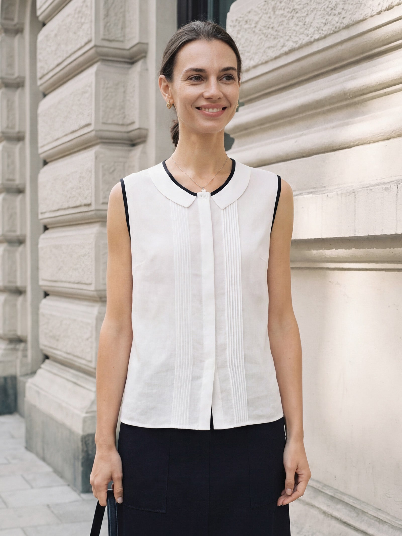 Linen-Lyocell Contrast Trim Pleated Sleeveless Top JUNIPER - Glamourous Grace