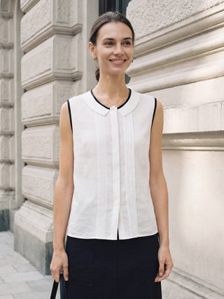 Linen-Lyocell Contrast Trim Pleated Sleeveless Top JUNIPER - Glamourous Grace