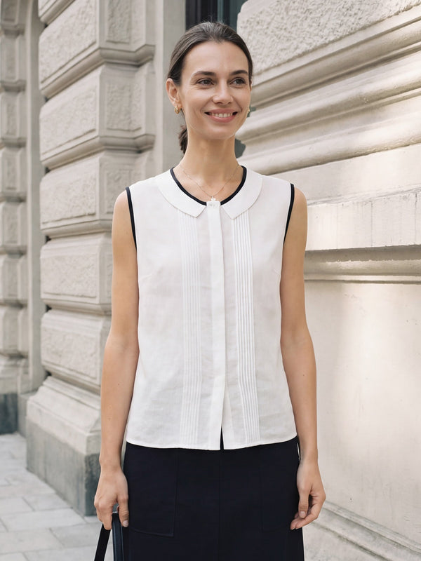 Linen-Lyocell Contrast Trim Pleated Sleeveless Top JUNIPER - Glamourous Grace