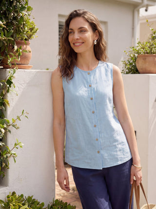 Baby blue and navy blue linen tank top with button-down design from LINTICO's ERIN collection, casual sleeveless top for warm weather.
