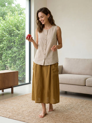 Khaki linen tank top with button-down front from LINTICO's 100% linen ERIN collection, casual sleeveless top for warm weather.