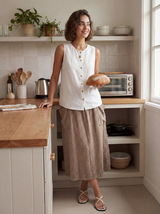 Optic white linen tank top with button-down front from LINTICO ERIN collection, casual sleeveless top for warm weather.