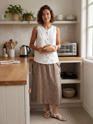 Linen Checked Elastic Waist Skirt MARINA - Glamourous Grace