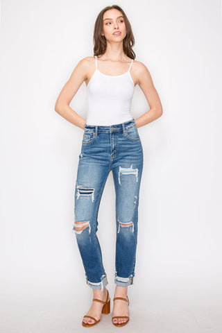 Mesh Tummy Control High Rise Straight With Single Cuff Jeans...