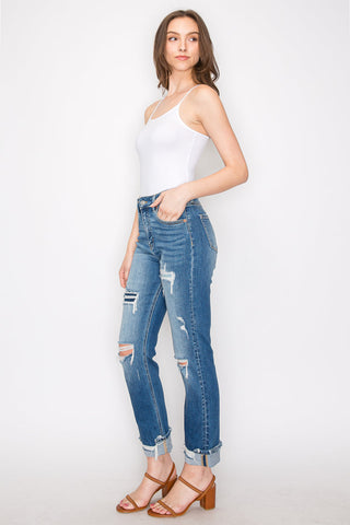 Mesh Tummy Control High Rise Straight With Single Cuff Jeans...