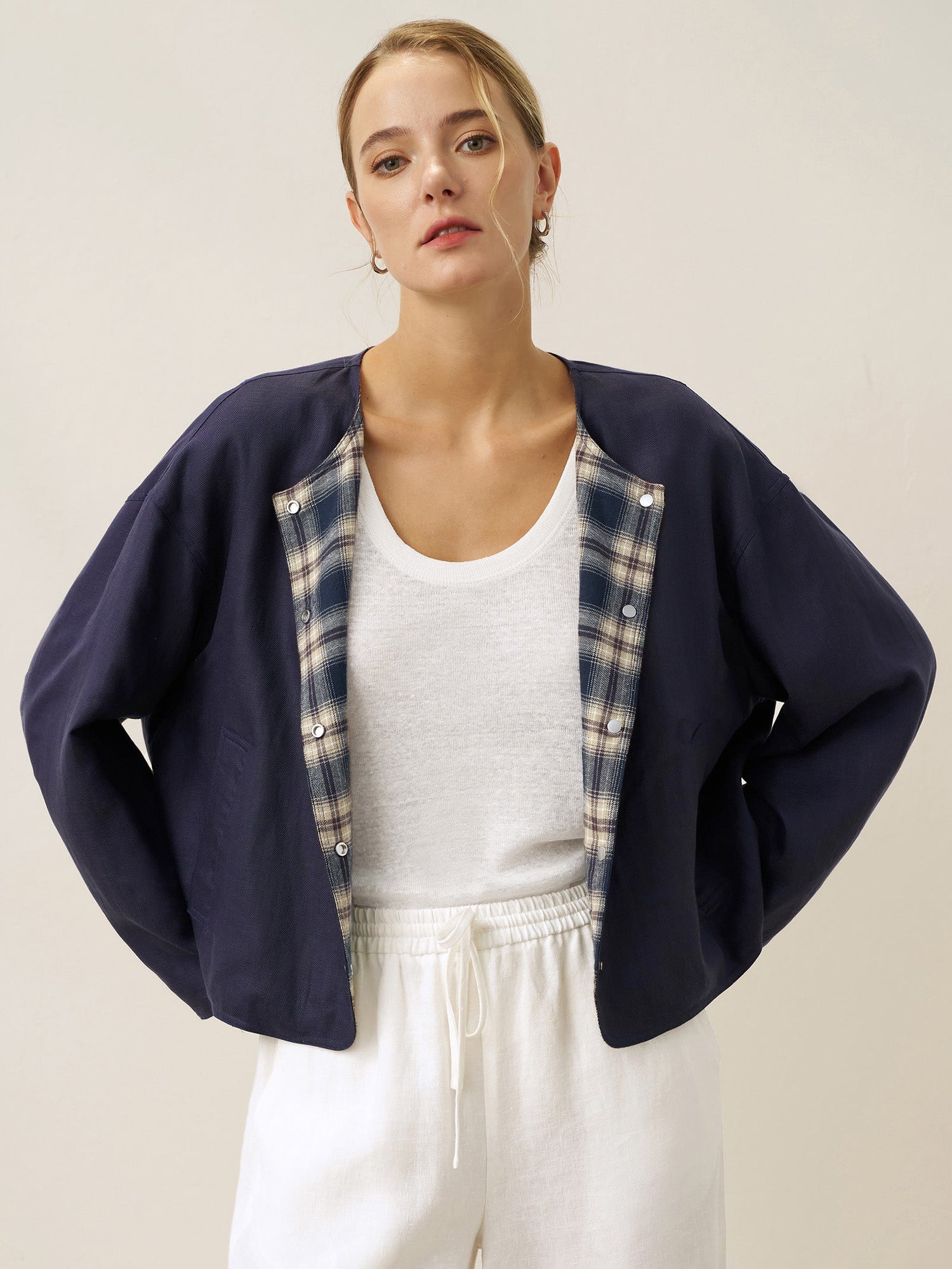Tencel Linen Reversible Crew Neck Casual Jacket CHLOE - Glamourous Grace