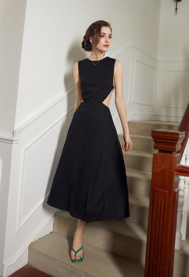 Timeless Elegance Backless Satin Midi Dress with Intricate Cutout - Glamourous Grace