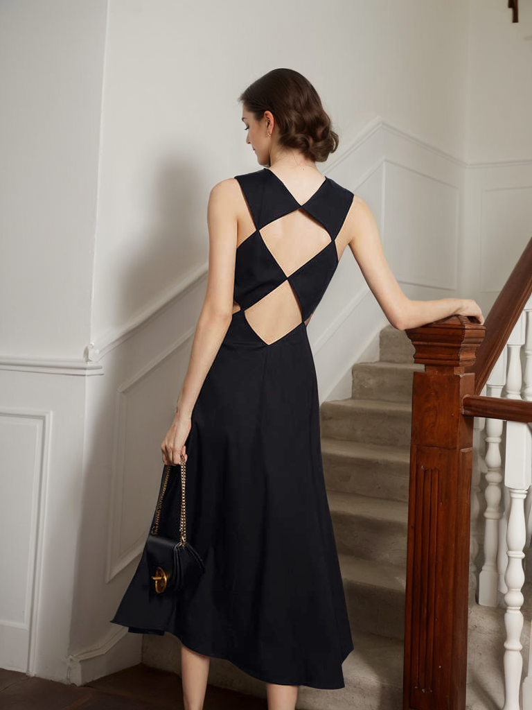 Timeless Elegance Backless Satin Midi Dress with Intricate Cutout - Glamourous Grace