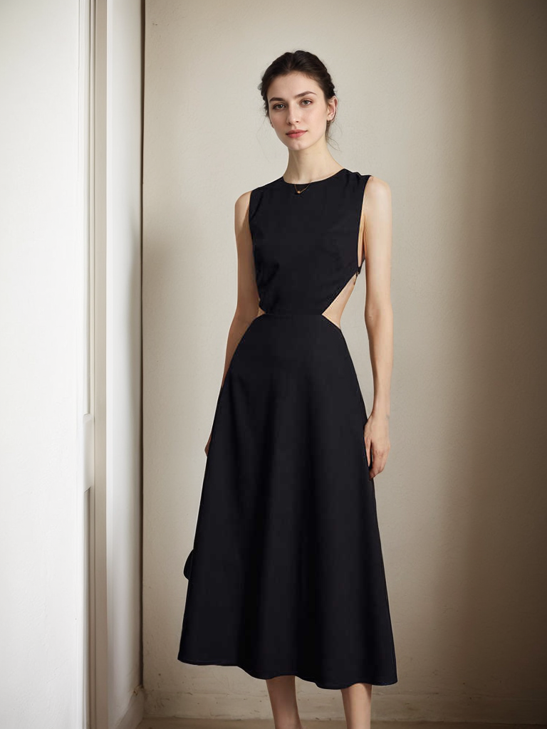 Timeless Elegance Backless Satin Midi Dress with Intricate Cutout - Glamourous Grace