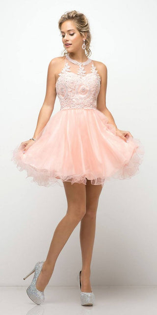 Ladivine UJ0119 Short Appliqued Bodice Halter Tulle Skirt Dress