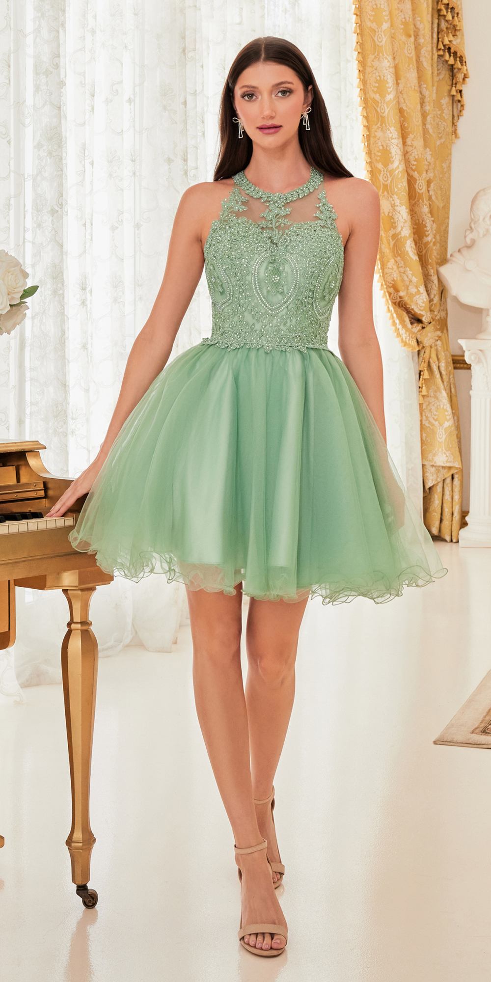 Ladivine UJ0119 Short Appliqued Bodice Halter Tulle Skirt Dress - Glamourous Grace