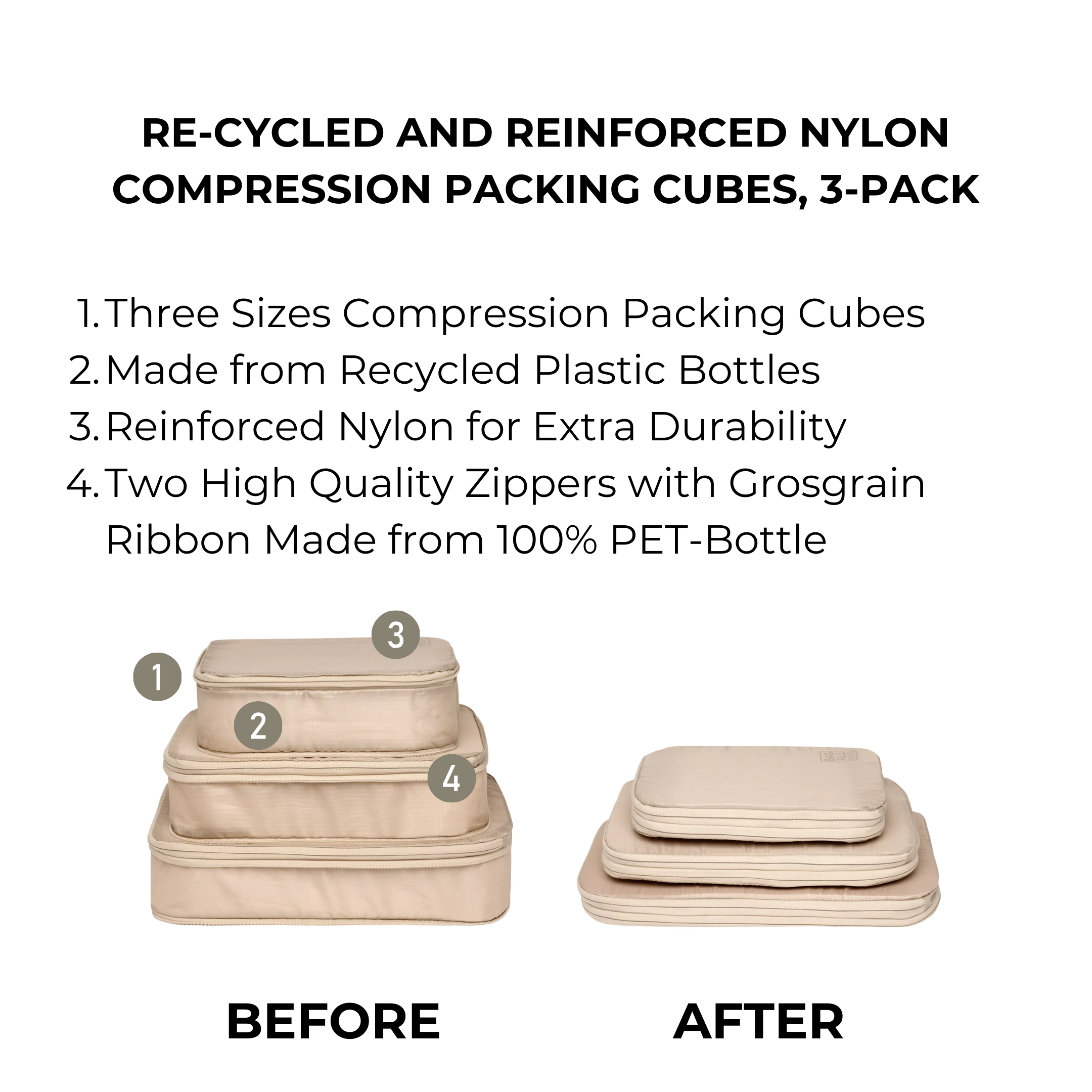 Compression Packing Cubes – Recycled Nylon – 3-pack – Taupe - Glamourous Grace