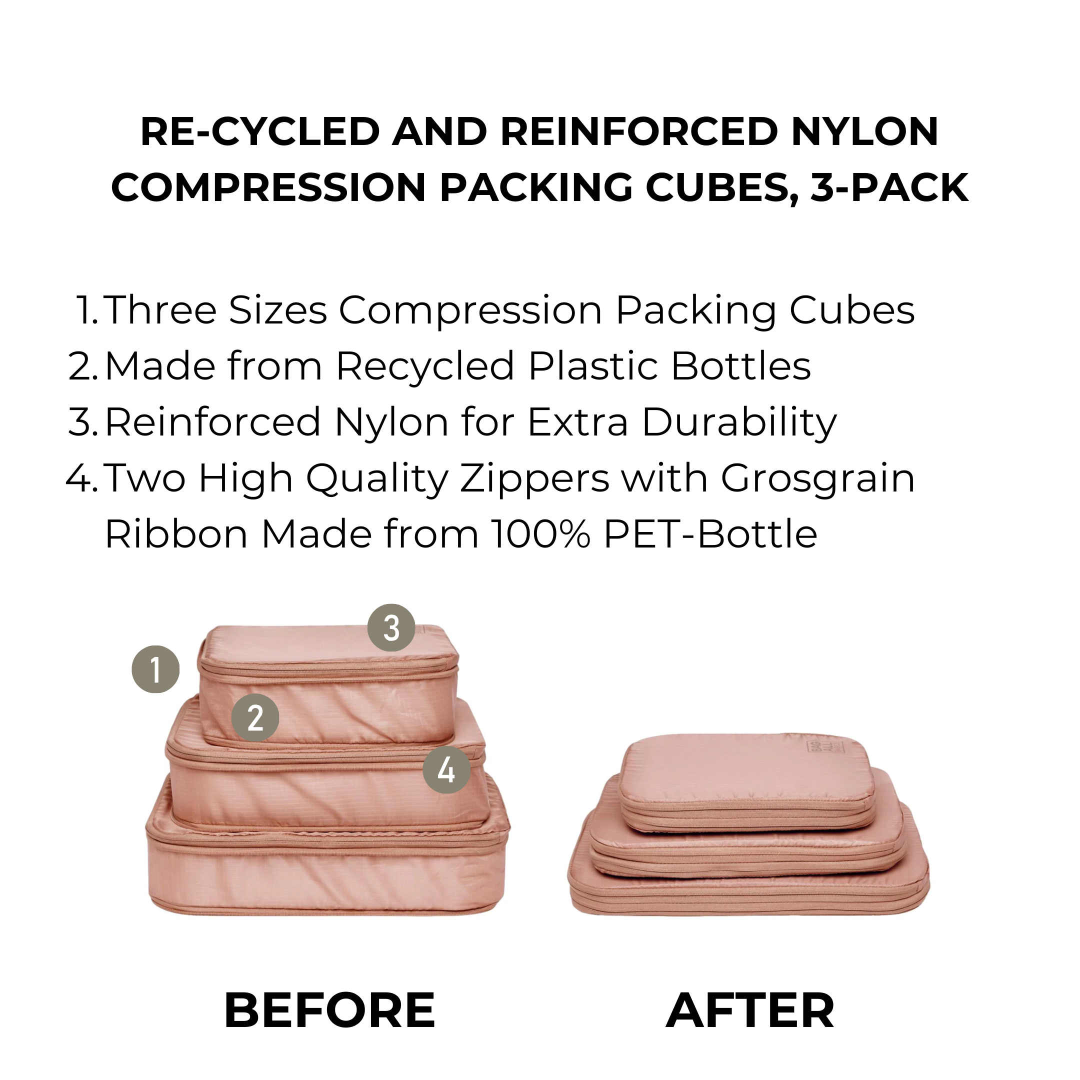 Compression Packing Cubes – Recycled Nylon – 3-pack – Pink/Blush - Glamourous Grace