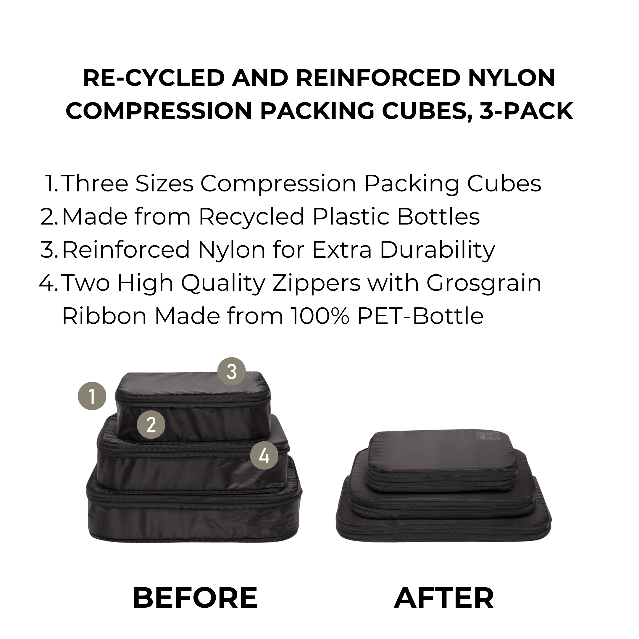 Compression Packing Cubes – Recycled Nylon – 3-pack – Black - Glamourous Grace