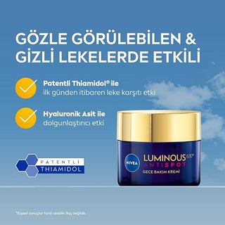 Nivea Luminous630 Anti-spot Night Face Cream - Thiamidol & Hyaluronic Acid for Dark Spot Correction & Hydration - Glamourous Grace