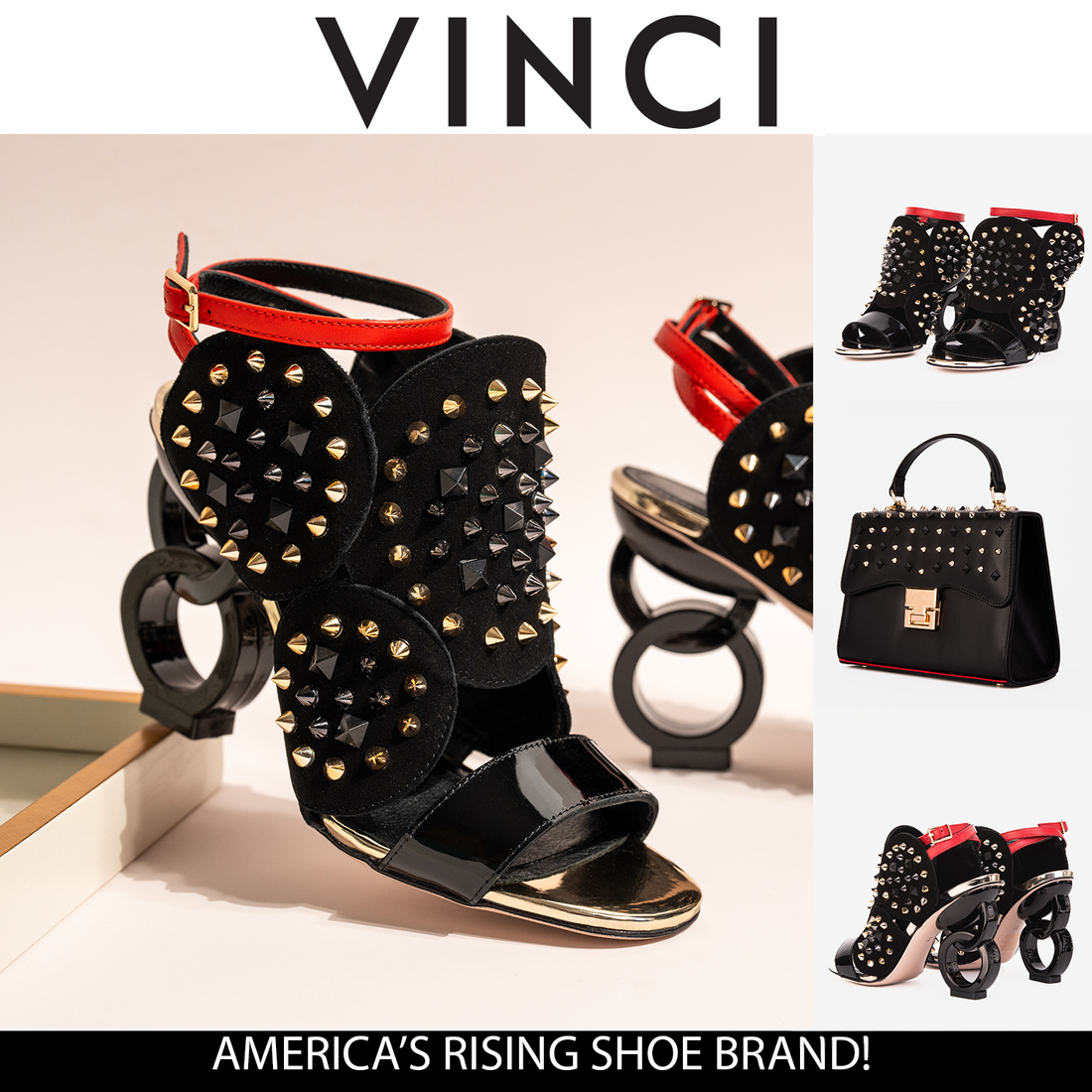The Infanta Black Spike Leather Ankle Strap Women Sandal - Glamourous Grace