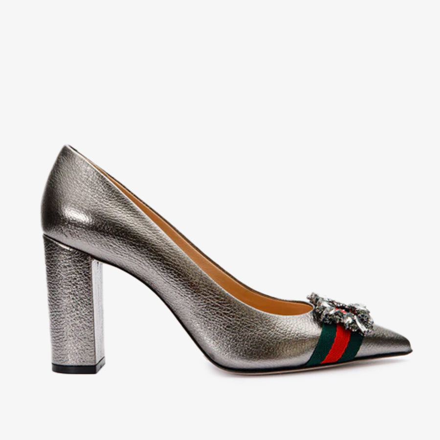 The Afega Silver Leather Block Heel Pump Women Shoe - Glamourous Grace