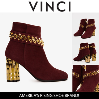 The Metal Burgundy Suede Leather Block Heel Women Boot