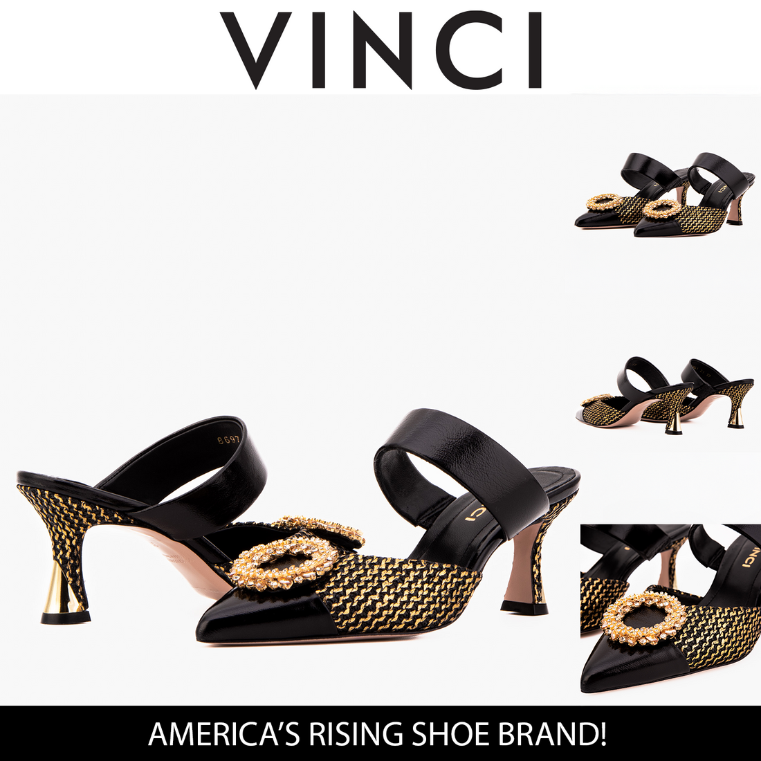 The Valencia Black & Gold Jewel Heel Women Mule Sandal - Glamourous Grace
