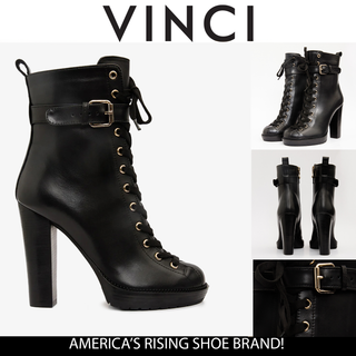 The Estrada Black Leather Lace-Up Platform Heel Mid Calf Women Boot