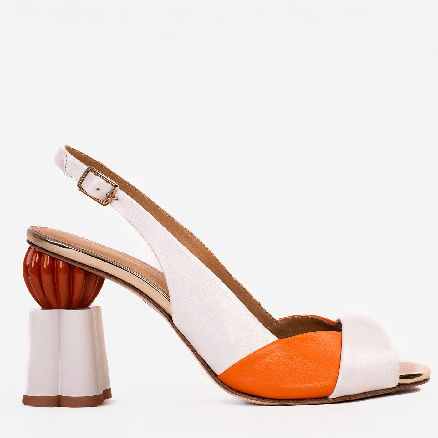 The Rize White Leather Pumpkin Heel Women Sandal - Glamourous Grace