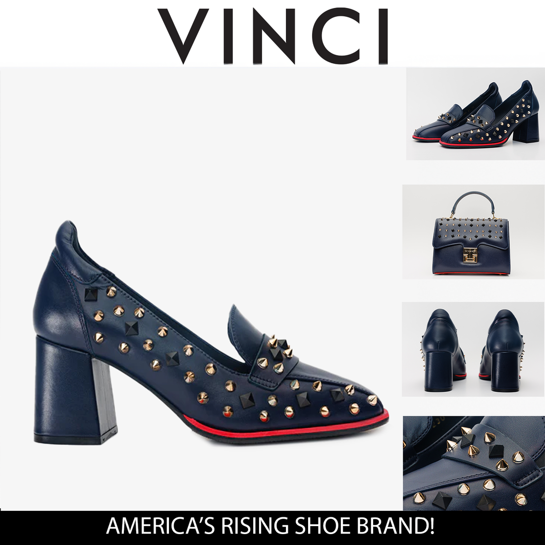 The Infanta Navy Blue Spike Leather Block Heel Pump Women Shoe - Glamourous Grace