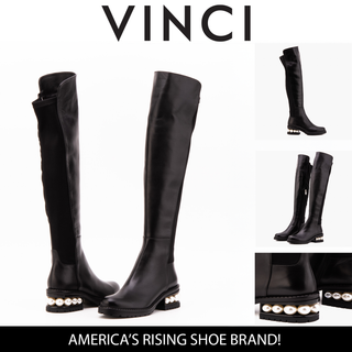 The Valeria Pearl Heel Knee-High Women Black Leather Boot