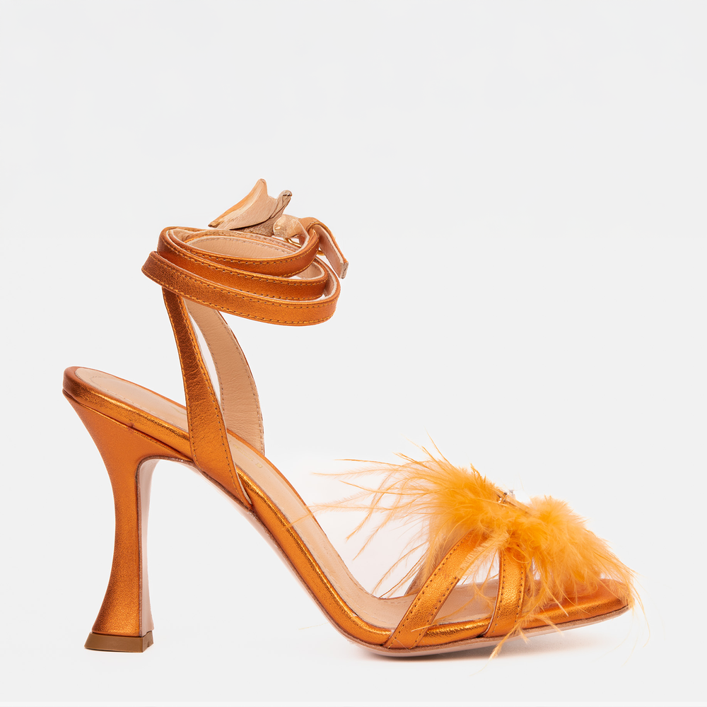 The Siena Orange Leather Ankle Strap Plumed Women Sandal Final Sale! - Glamourous Grace
