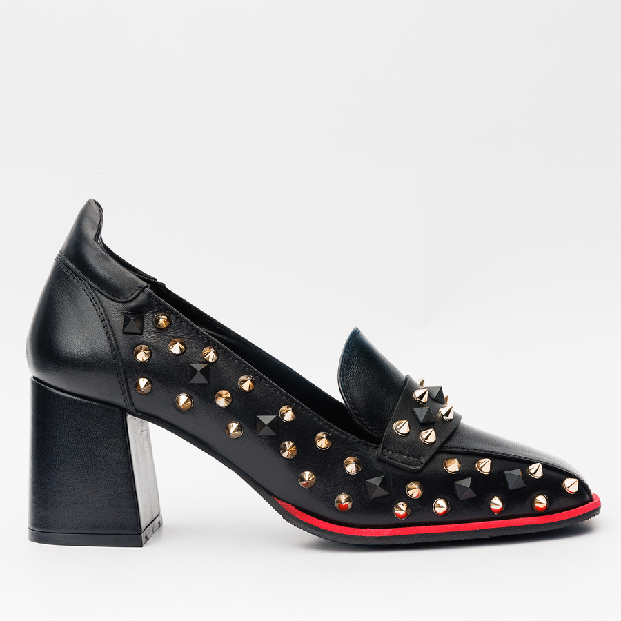 The Infanta Black Spike Leather Block Heel Pump Women Shoe - Glamourous Grace