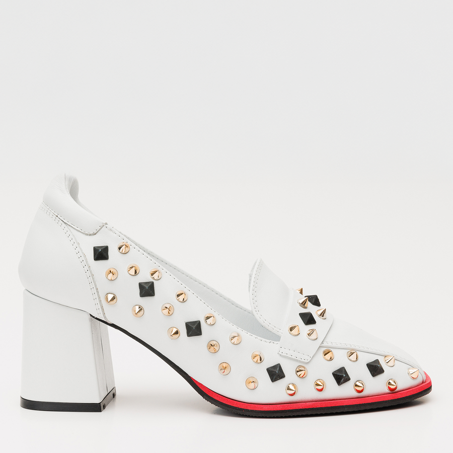 The Infanta White Spike Leather Block Heel Pump Women Shoe - Glamourous Grace