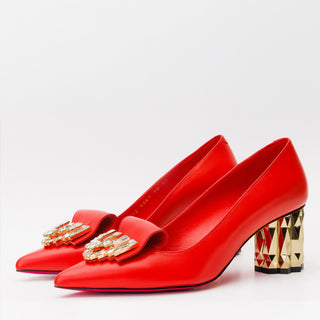 The Love Red Leather Block Heel Pump Women Shoe - Glamourous Grace