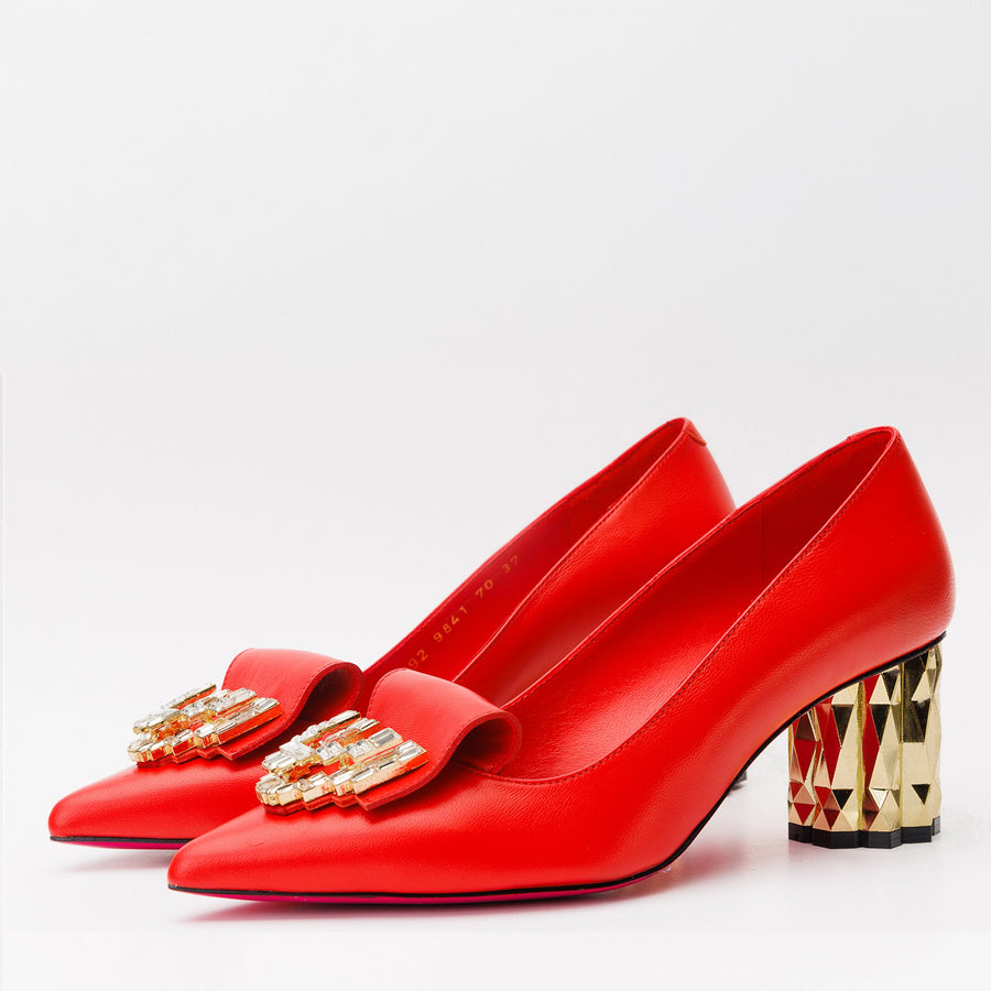The Love Red Leather Block Heel Pump Women Shoe - Glamourous Grace